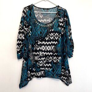 NOTATIONS Plus Size Black White Teal Blue Ikat Geometric Boho 3/4 Sleeve Tunic